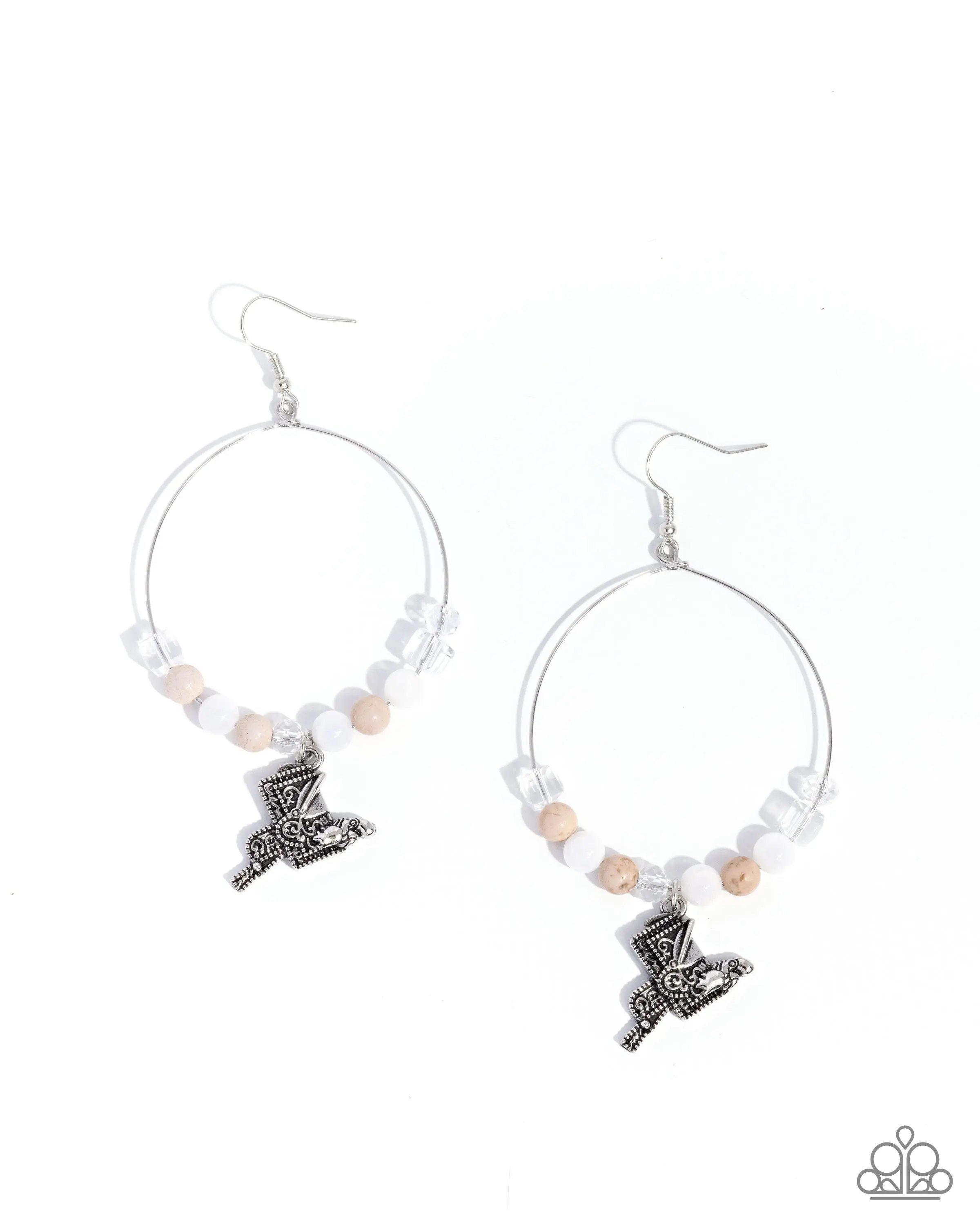 Saddle Showcase - White Stone Bead Silver Saddle Western Earrings - Paparazzi