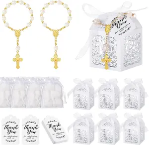 100Pcs Baptism Favors Set Includes 25 Mini Rosary, Laser Cut Baptism Favor Boxes, White Organza Bags and 25 Thank You Tags for Bautizo Recuerdos Christening Wedding Party Supplies (Gold) - Home Improvement.