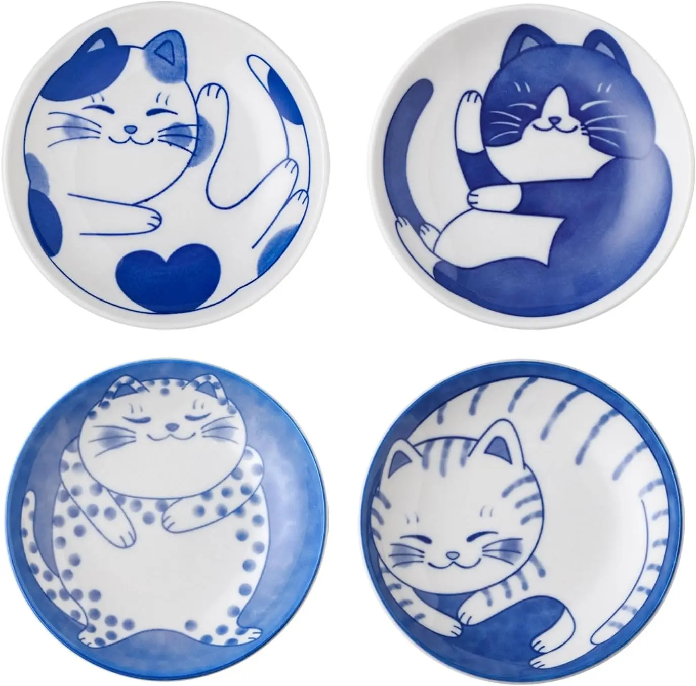 Small Cute Ceramic Dishware Sets, Kawaii Cat Plates, Blue Shushi Plate Set Of 4, Japanese Plates, Dessert Plates Ceramic