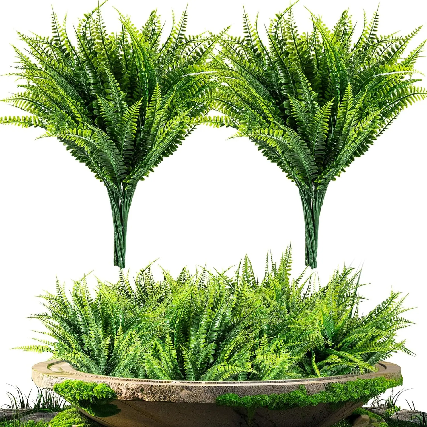 10-Pack Plastic Artificial Boston Ferns - UV-Resistant Outdoor-Ready Green Plant Decor with Decorative Fruit, UV-Resistant Leaves Stay Fresh Longer, Lasting Fake Greenery for Home Room, Green Wall Decor Housewarming Pieces, Plastic, Lasting