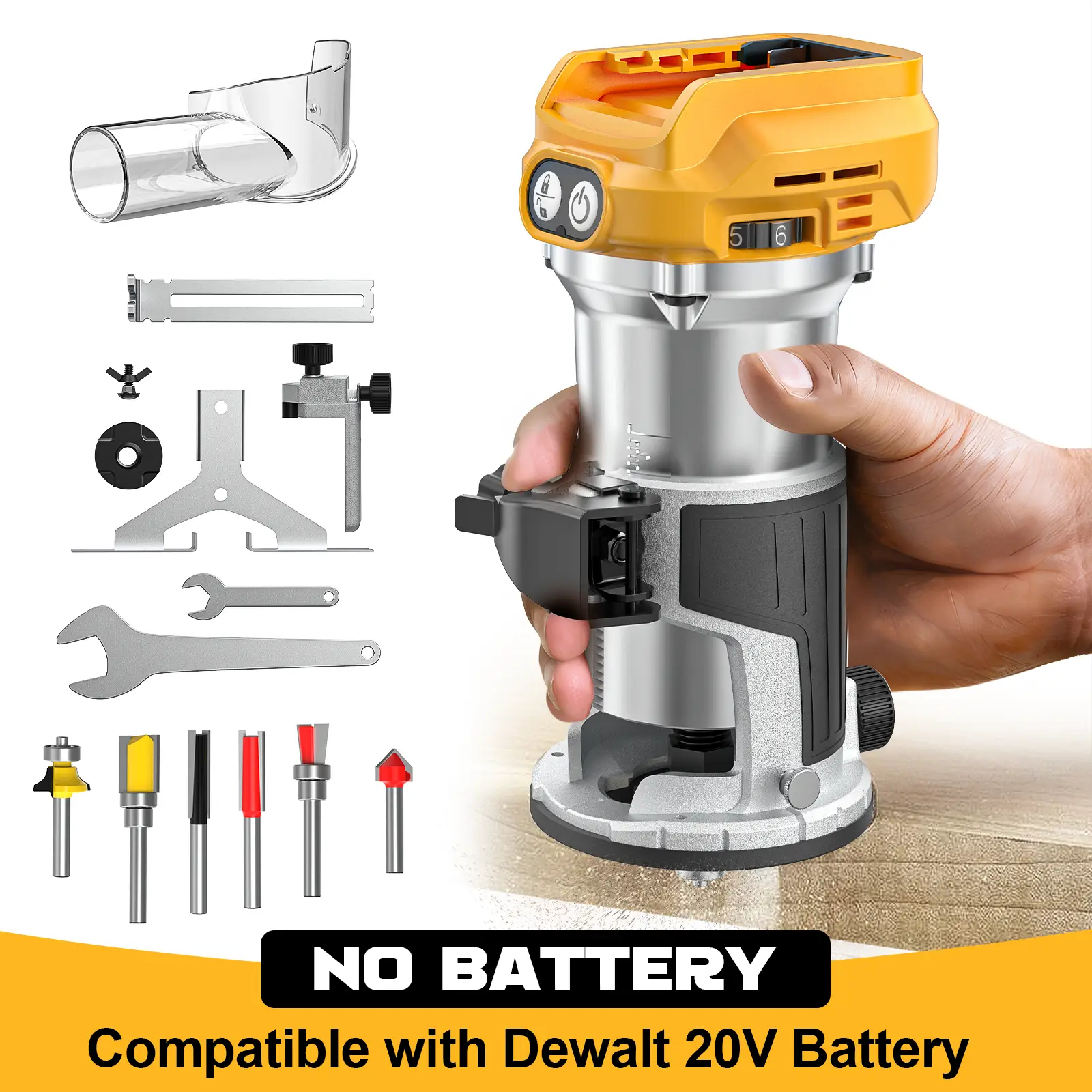 800W Cordless Compact Router for DeWalt 20V Battery, Battery NOT Included, 6 Variable Speeds Router Tool for Woodworking, 30,000 RPM Fixed Base Wood R