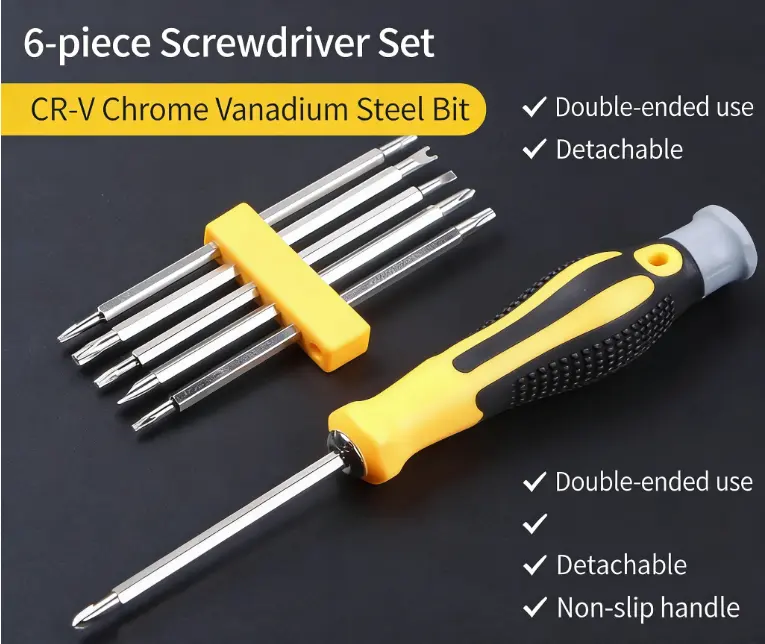 6-in-1 Double-Ended Tip Screwdriver Kit, Efficient Hand Tool for Home, Electronic and Appliance Repair Tasks