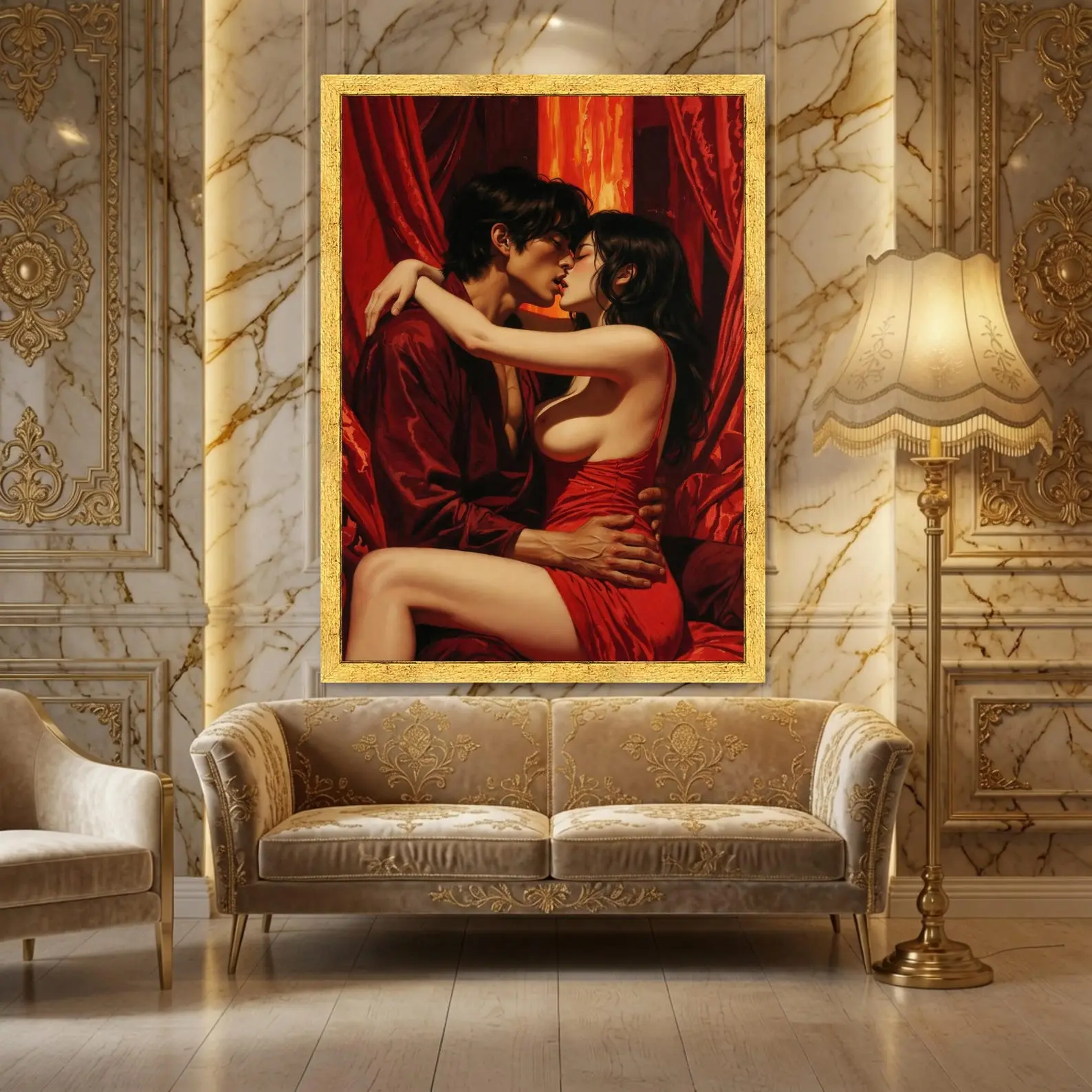 Romantic Couple Canvas Print, Red Bedroom Wall Art, Sensual Embrace Poster, Passionate Kiss Decor, Moody Draped Figure Scene [Unframed]