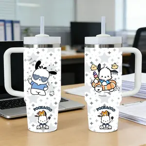 Vacuum Flasks 40oz Stainless Steel Tumbler with Handle & Straw, Vacuum Insulated Travel Mug Keeps Drinks Cold Up to 12 Hours, Leak-Resistant Cup for Iced Coffee, Water, Office, Gym or Travel Cute P-P-Pochacco Insulated Travel Drinkware