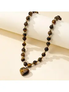 A Vintage Tiger's Eye Beaded Heart Pendant Necklace, Heart Design Necklace, Charm Necklace, for Women, Perfect for Holidays, Birthdays, Dates, Balls, Banquets, Parties, Vacations Accessories. Natural Stone Texture and Color May Vary Slightly
