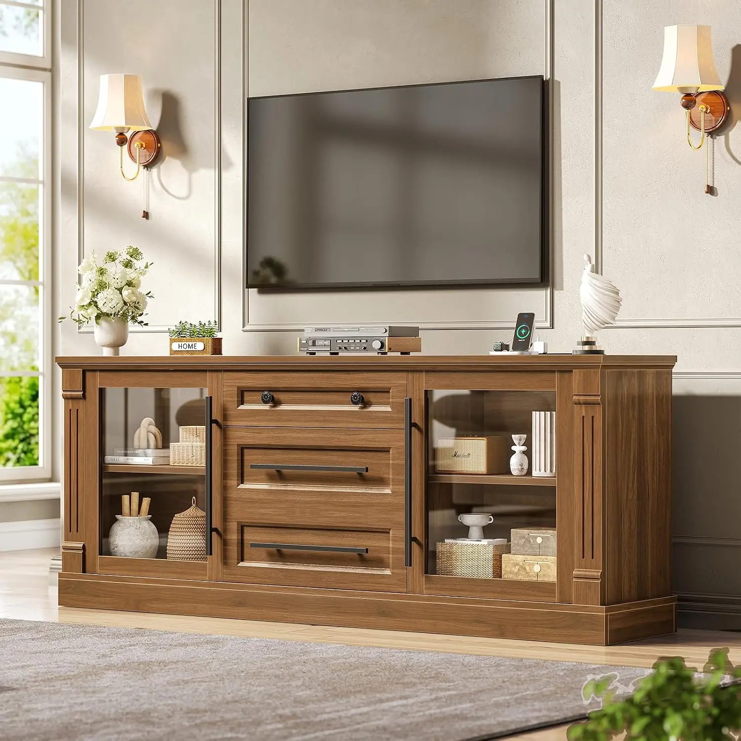 Itaar Farmhouse TV Stands for 65 Inch TV | 3 Storage Cabinets, 1 Drawer, Living Room & Bedroom, Wood Media Console