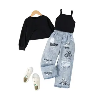 3pcs/Set Young Girl' Fashion Long Sleeve Pullover, Camisole, And Denim Like Print Pants Set, Autumn/Spring