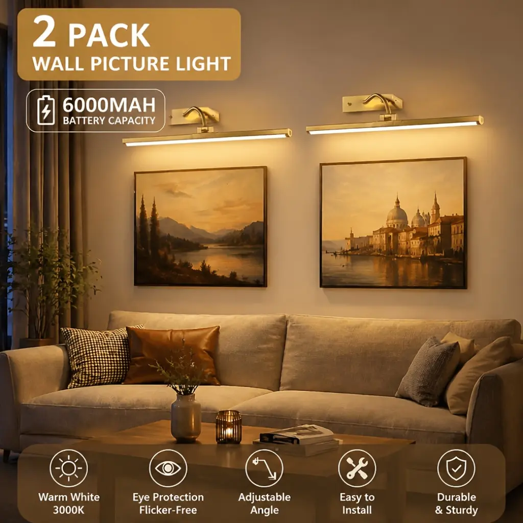 Yoomue 2-Pack Battery Picture Lights – Digital Battery Display, Remote, USB Rechargeable, Dimmable 3 Color Temps, Wall Mounted, Long-Lasting for Art Gallery Decor
