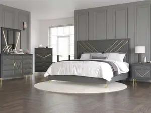 00-1826-4PC 4 pc Symmetry Faux Grey Marble Finish Wood Fabric Upholstered Headboard Gold Accents Queen Bed Set with Nightstand Dresser and Mirror