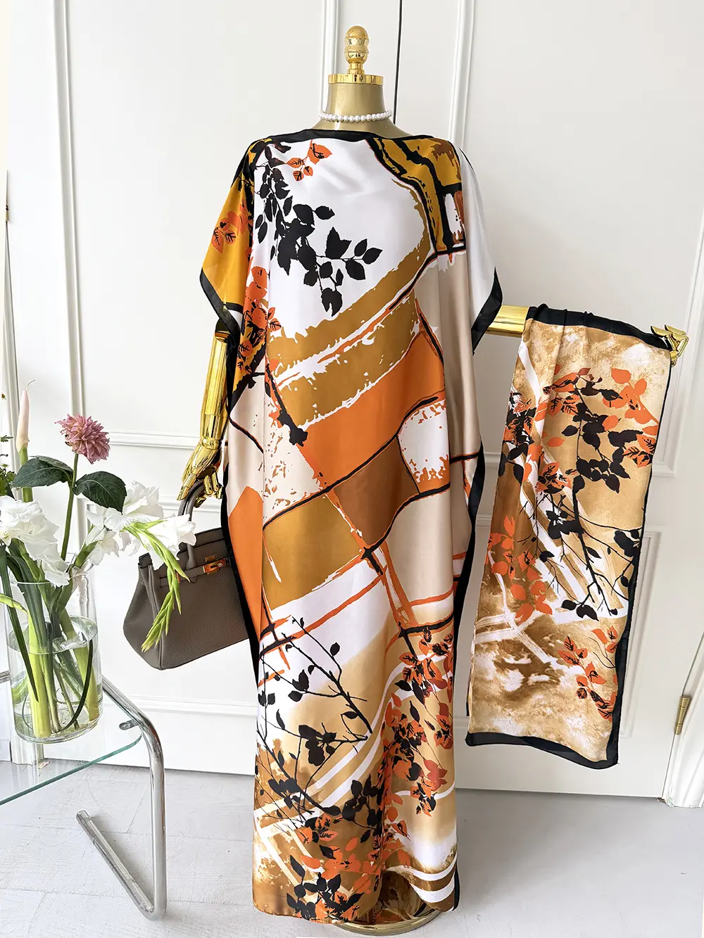 Women's 2-Piece Silky Fabric Batwing-Sleeve Oversized Floral Print Lightweight Long Dress & Scarf Set, Boho Comfortable Drape Style with Elegance Fit for Beach Vacation, All-Season Ladies Apparel