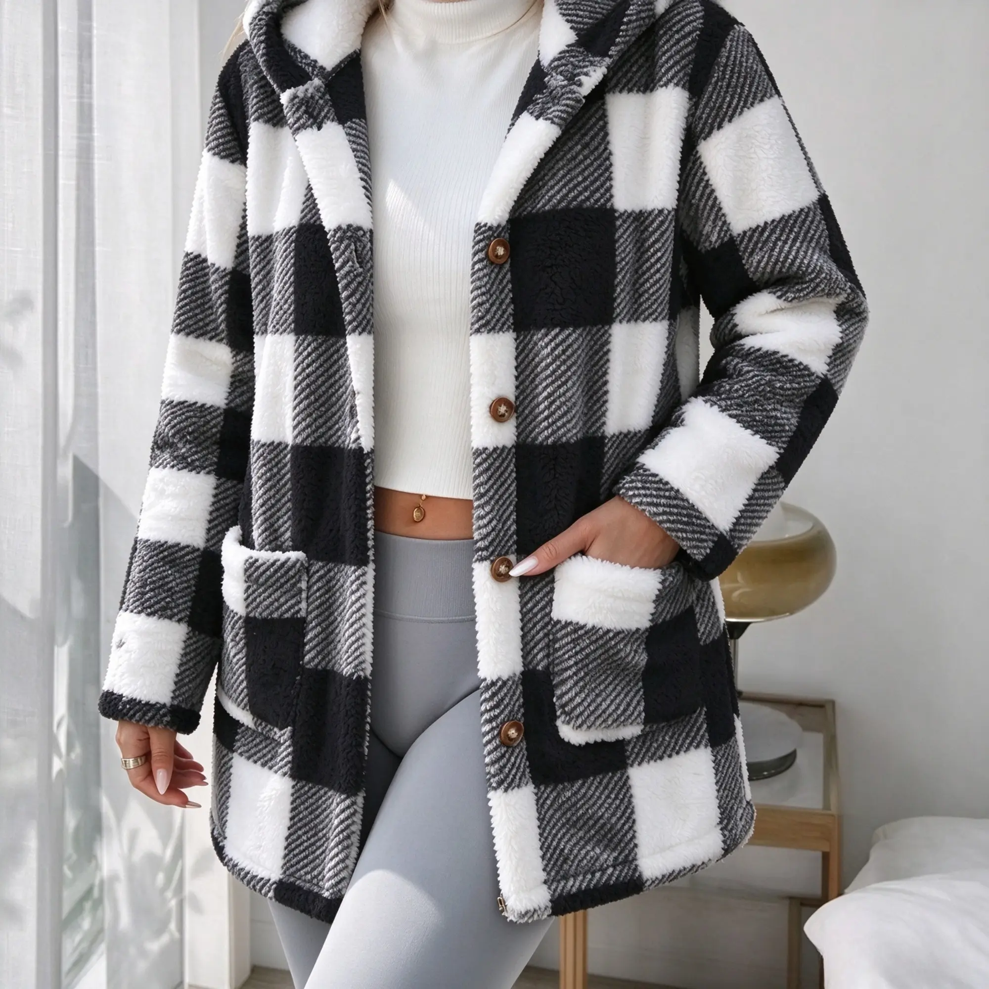 Women's Plaid Hooded Plush Fleece Jacket - Casual Essential Autumn-Winter Mid-Length Open-Front Loose Thick Warm Outerwear for Women