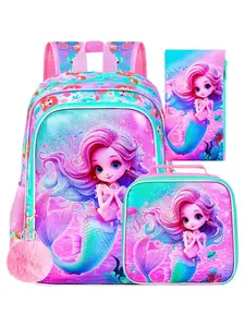 Cute Mermaid Princess Backpack Set for Girls, Glitter Mermaid Print, Insulated Lunch Bag & Pencil Case, Durable Bookbag for Elementary School