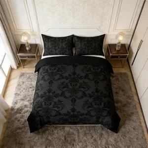 Black Damask Duvet Cover Set Queen Size, Gothic Vintage Damask Floral Bedding Set 3pcs, Antique Victorian Baroque Cover, Man Woman Adults Room, 2 Pillowcases, No Comforter