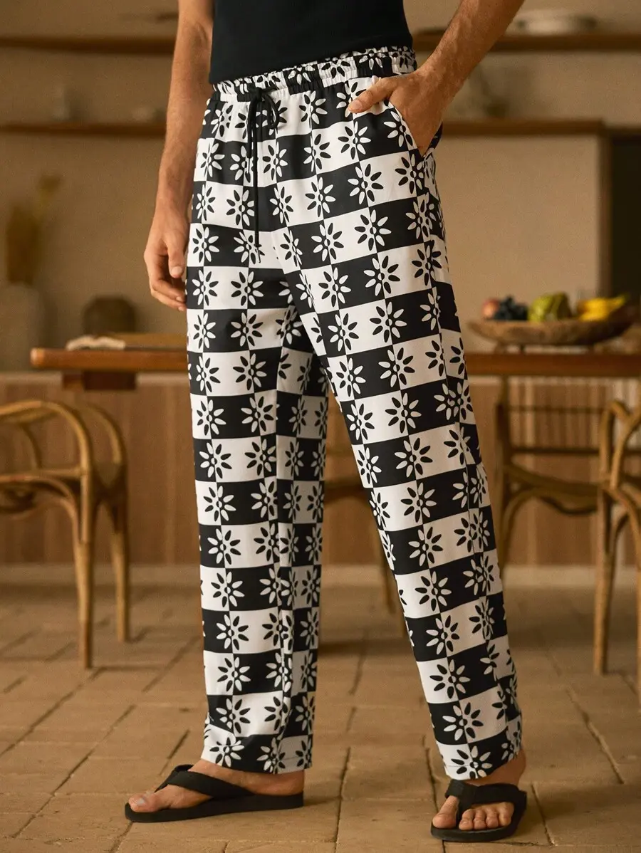 Manfinity VCAY Men's Woven Casual Loose Fit Elastic Waist Straight Leg Pants, Multi-Color, Daily & Young Style