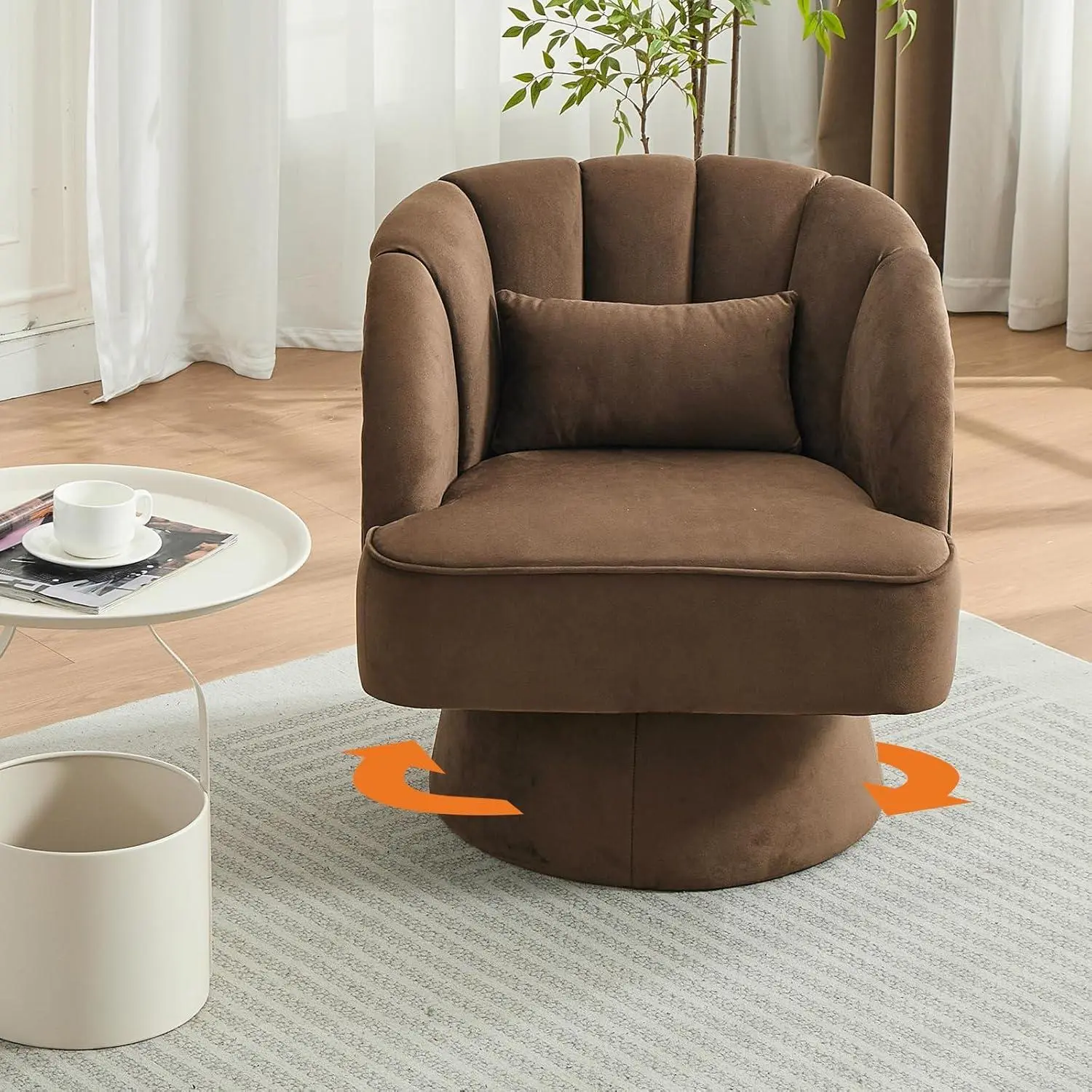 Coffee Brown Velvet Ergonomic Armchair - 360-Degree Swivel Reading Chair with Curved Back, Cushion & Armrests, Sturdy Modern Lounge Chair for Living Room, Nursery (Upholstered Single Sofa), Swivel Chairs