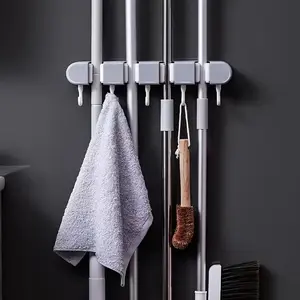 Wall Mounted Mop and Broom Holder, 1/2pcs No Drill Adhesive Storage Hook, Plastic with Flexible Silicone Clips, Space Saver, Wall Mounted Organizer, Bathroom Organizing Accessories