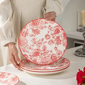 4/6-piece ceramic 10 inch steak plate cutlery set, red rose pattern, microwave safe, dishwasher washable, suitable for kitchens, parties, restaurants and other places