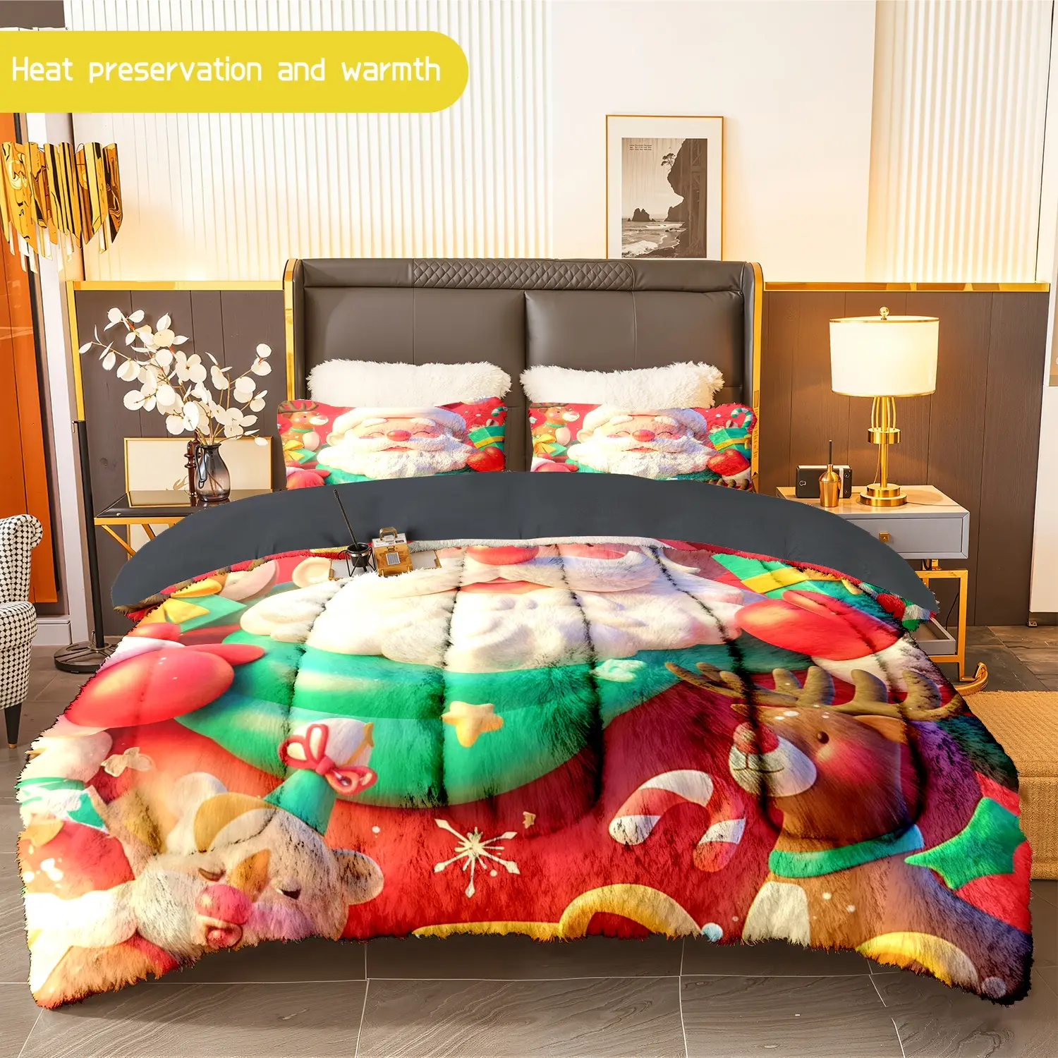 3pcs (1 comforter + 2 pillowcases) Santa Claus Pattern Flannel & Milk Velvet Comforter Set, Soft Warm Cozy Bedding Set, Trendy Plush Bedding Essentials