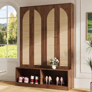 Farmhouse Hall Tree with Rattan Doors, Versatile 4-In-1 Seating Bench with 6 Hooks, Mid-Century Entryway Shoe Cabinet with Shelf for Living Room, Walnut, 55.1"W