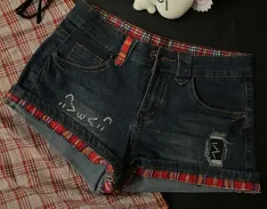 Spicy Girl low-waisted checkered color-blocking tight rolled-up denim super short pants women's chafing hip-hugging hot pants