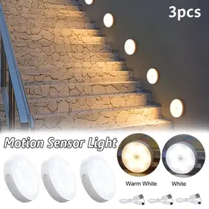 3pcs Smart USB Rechargeable Step Light with a Motion Detector, Designed with a Sleek Plastic End And Button Operation, Ideal for Illuminating Areas Such As Living Rooms, Bedrooms, Closets, Hallways, Staircases, And More, Includes a USB Cable