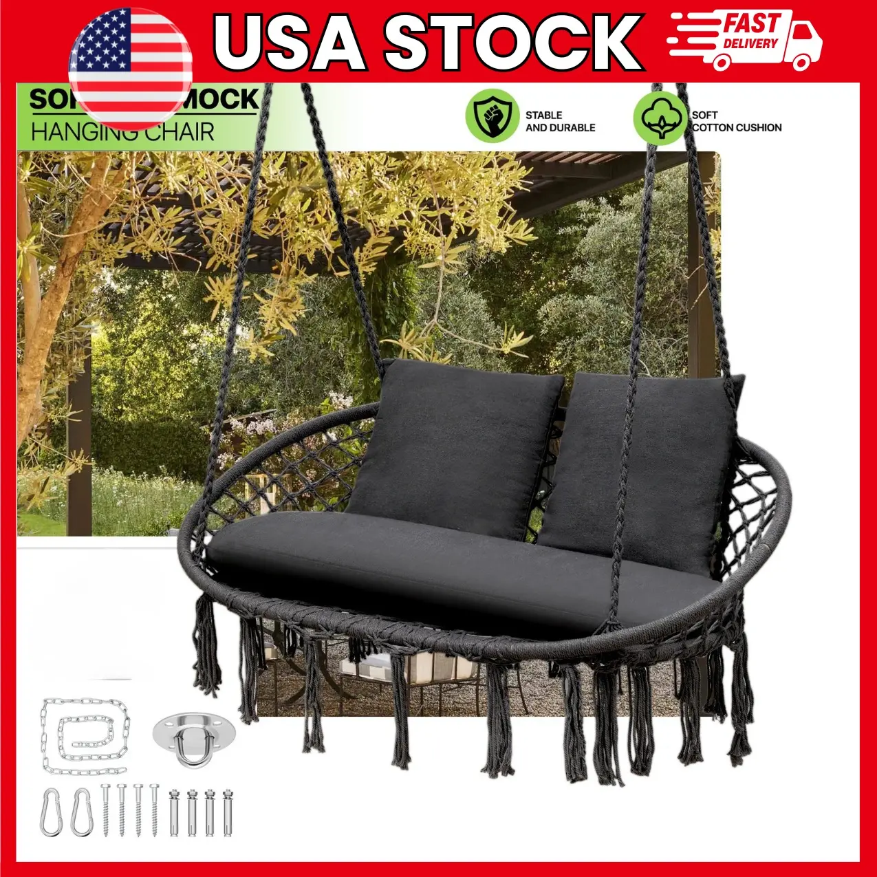 Magshion 2-Seat Hanging Hammock Chair, Double Macrame Swing Chair with Cushions, Indoor & Outdoor Hanging Rope Chair with Tassels, Galvanized Iron Frame, 700 lb Weight Capacity | indoor hammock chair, patio swing chair, boho hanging chair