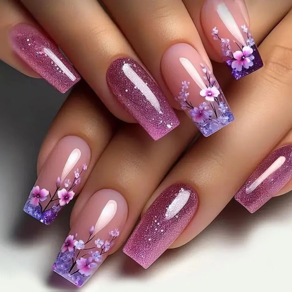 24PCS Summer Colorful Almond False Nail with 3D Flower Beach Paintings Press on Fake Nail Full Cover Wearable Manicure for Women