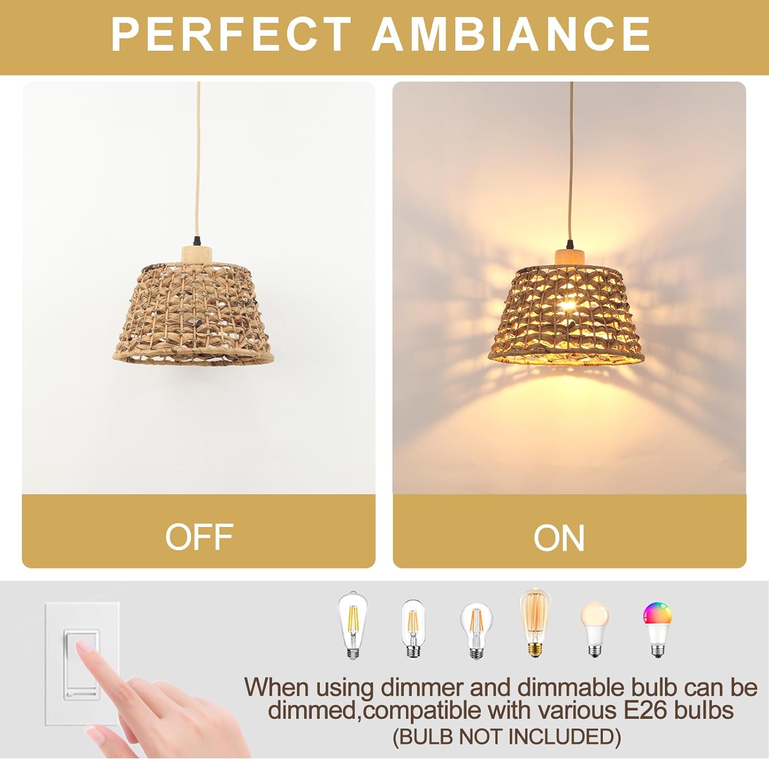 Rattan Boho Pendant Light, 12" 1-Light Hand-Woven Wicker Water Hyacinth Cone Hanging Light for Kitchen Island Dining Room