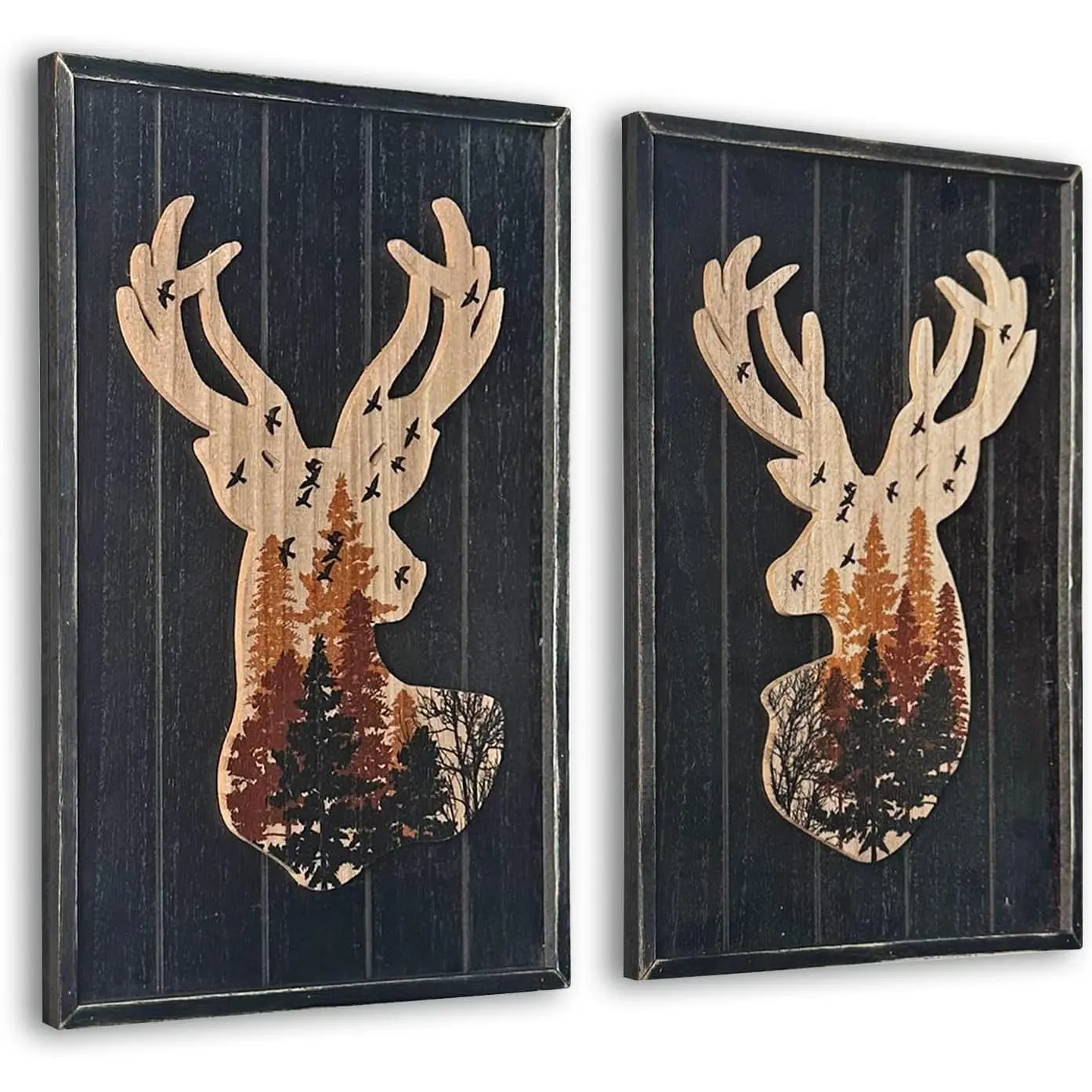 2-Piece Woody 10x14 in Classic Country Rustic Deer & Elk Animals Wall Art Prints - Sturdy Wood-Framed Posters, Smooth Forest Scene Decor, Secure Hook-Included for Cabin, Mountain Lodge All Seasons Home