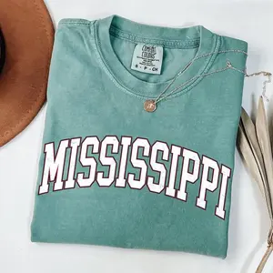 Comfort Colors Mississippi Vintage College Graphic T-Shirt, Garment Dyed Cotton Tee, Retro Varsity Lettering Shirt, Unisex Gift