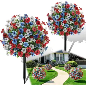 Sweetyear Artificial Outdoor Flowers with Stake, 2 Pack 22" UV Resistant Violet Faux Flower Balls, Realistic Artificial Flowers for Outdoor Porch Garden Yard Indoor Home Decor (White Blue Red)