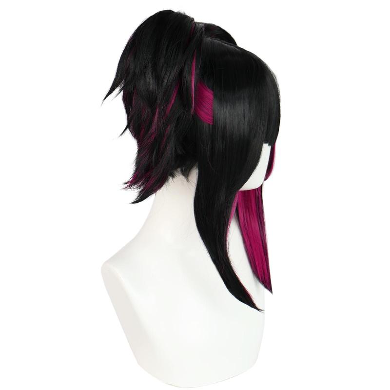 Synthetic Black With Red Double Clip On Ponytails Straight Heat Resistant Han Juri Cosplay Game Anime Character Wig