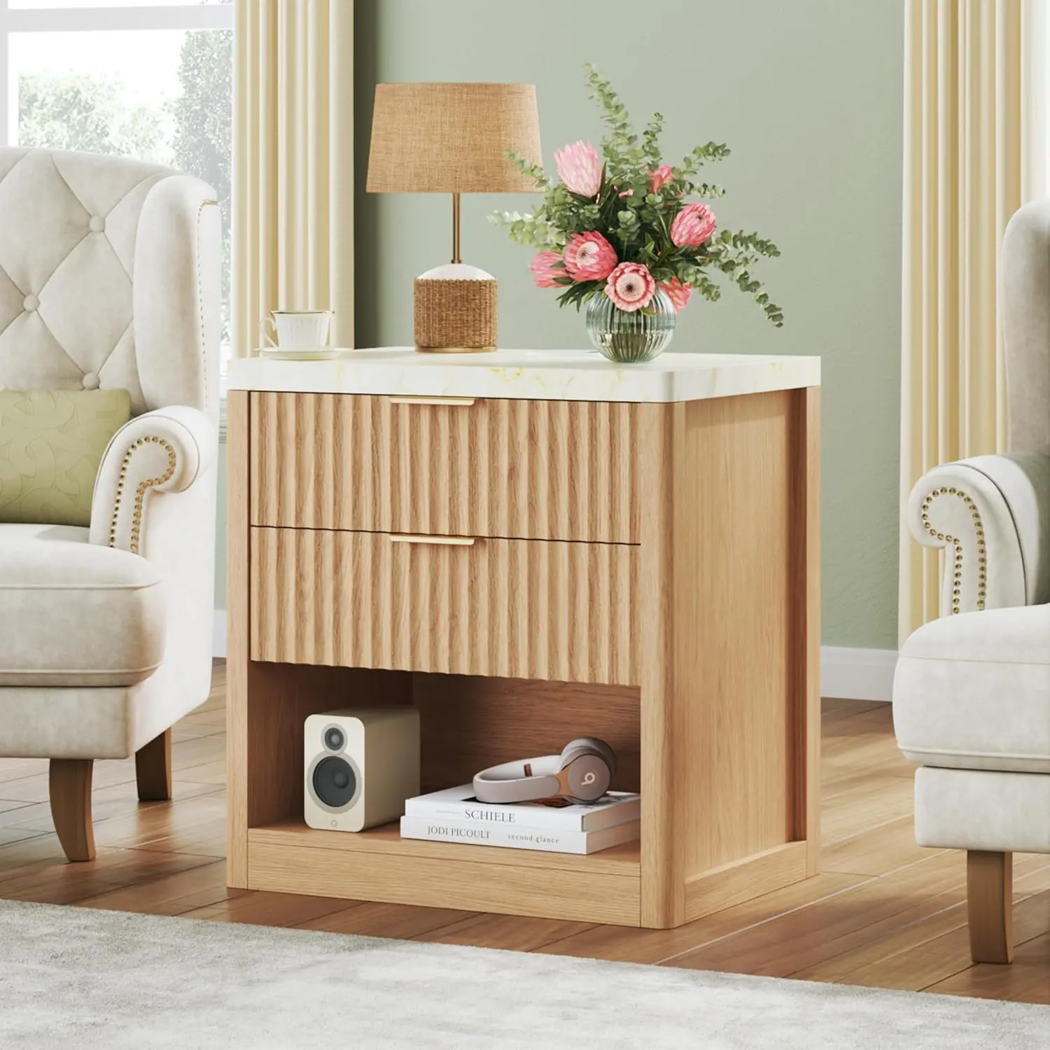 【Summergarden】Fluted Nightstand with 2 Drawers, 24'' Night Stand with Wireless Charging Station, Mid Century Modern Side Table with Faux Marble Top, Large Wooden Bedside End Table for Bedroom, Oak