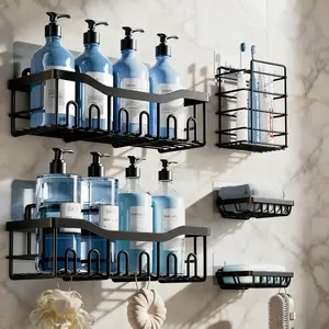 5-Pack/Set Rustproof Shower Caddy Set– No Drill Adhesive Bathroom Organizer Supplies, Space-Saving Shower Shelves for Apartment Essentials, Bathroom/Kitchen Storage Home Decor, Bathroom Accessories Set
