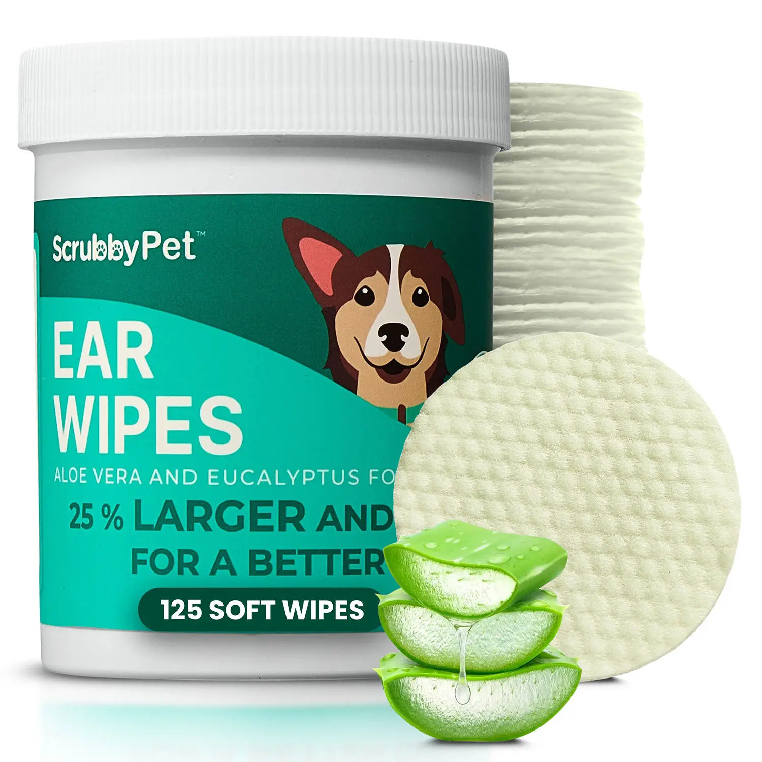 ScrubbyPet Dog Ear Wipes Extra Thick with Aloe & Eucalyptus 125 Count Hypoallergenic Cleaner with Pearl Texture for a Deeper Clean Scrubby Pet - Clean