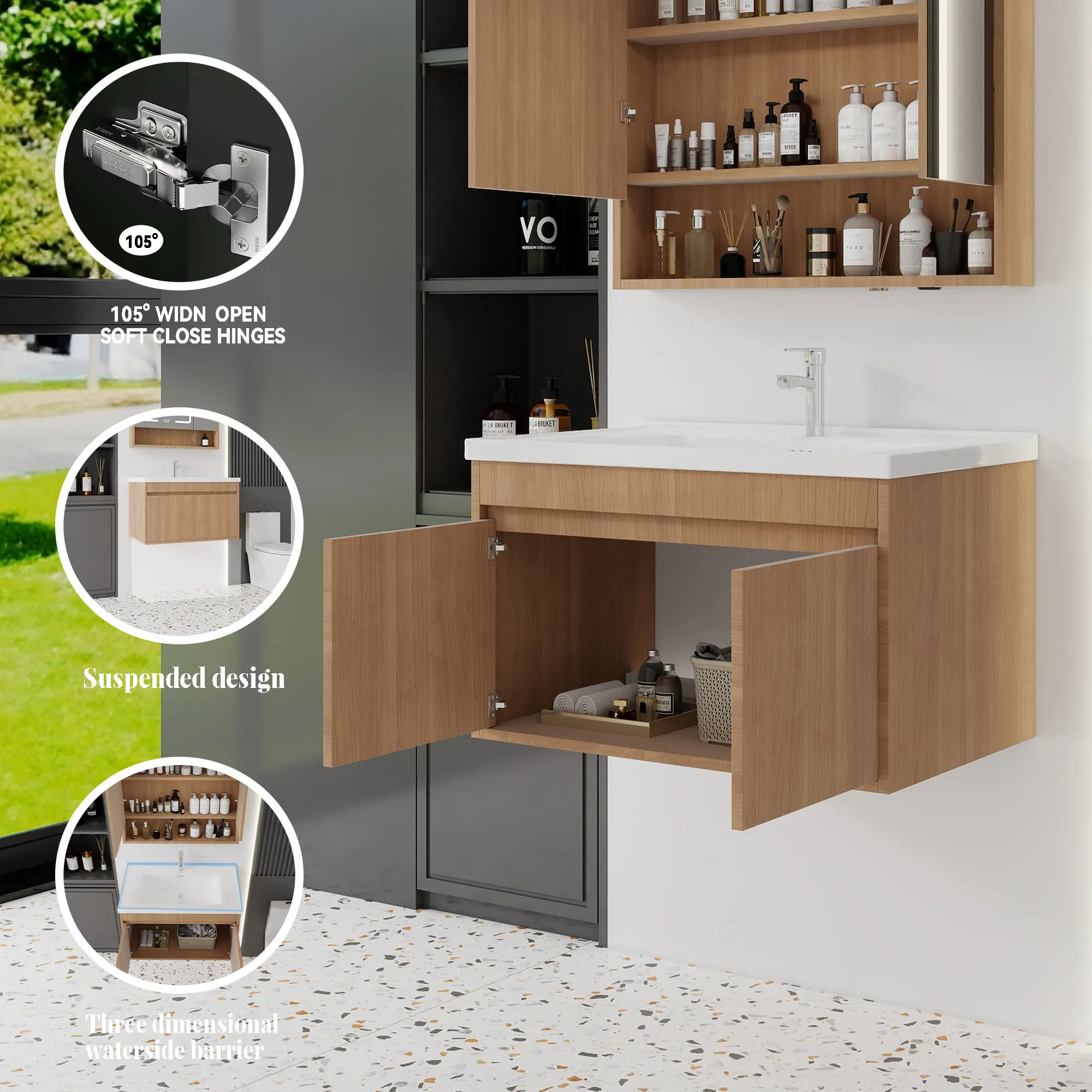 32-Inch Modern Space-Saving Indoor Home Wall-Mount Floating Bathroom Vanity with Integrated Ceramic Sink, Soft-Close Double Doors, Waterproof Engineered Wood Cabinet, Assembly Required
