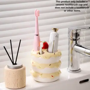 1Pc Cute Sweet Cake Ceramic Toothbrush Holder, Bathroom Vanity Organizer for Toothbrushes, Toothpaste, Eyebrow Pencils & Makeup Brushes, Sturdy, Durable & Easy to Clean, Fresh Aesthetic Bathroom Accessory & Gentle Home Decor
