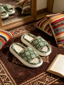 Vintage Ethnic Style Rhombus Home Slippers, Waffle Linen Texture, Soft Elastic Thick Sole, Unisex All-Season Casual Sandals