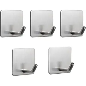 Adhesive Hooks- Heavy Duty Bath Wall Hooks  Stainless Steel Towel Hangers Stick on Wall Clothes Holders for Bathroom Kitchen Home, 5 Pack (Brushed Nickel)