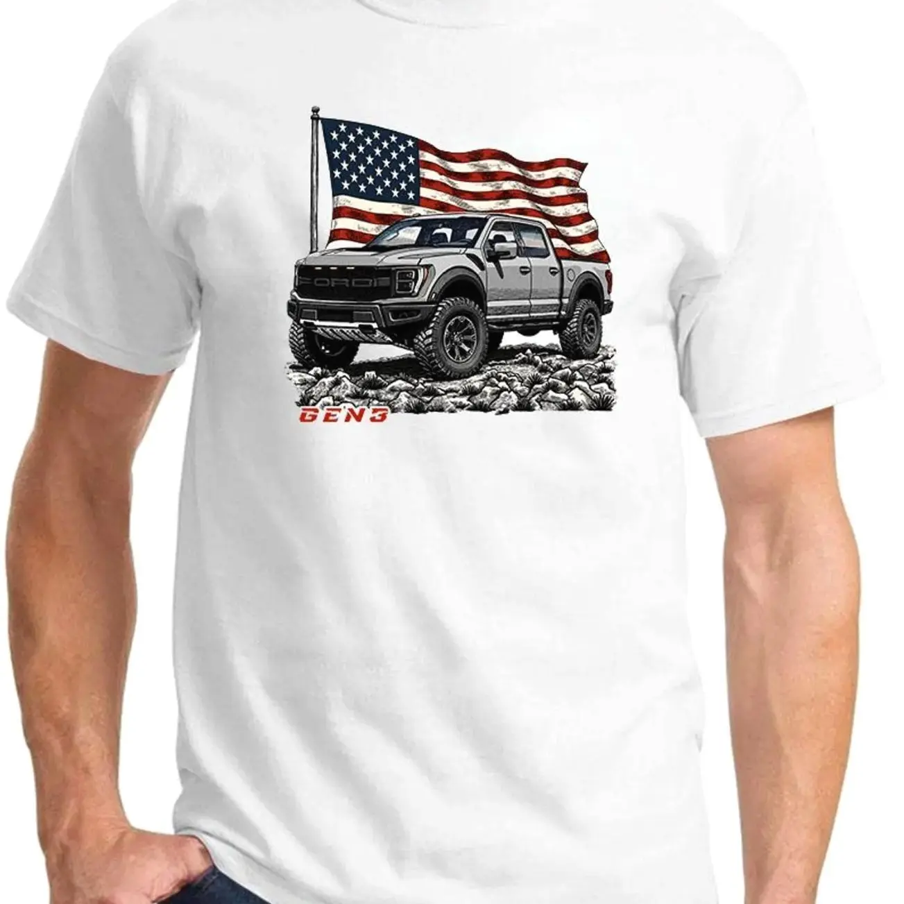 2021-25 Ford Raptor Avalanche Grey Truck Patriotic Flag Design Full Color  Silhouette Unisex T-Shirt Sweatshirt Hoodie, Gift for Car Lovers