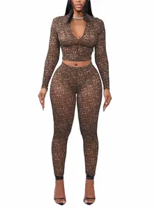 Women's Sexy High Neck Zipper Crop Top & Tight Long Pants Set, Spring Autumn Fashion, Slim Fit, Long Sleeve, Two-Piece