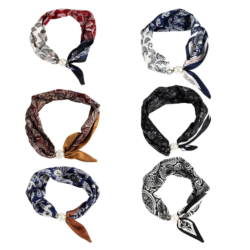 6Pcs  Magnetic Pearl Scarf,Satin Scarves for Women,Classic Printing Scarf,Elegant Neck Tie,Hair Bandanas Scarves