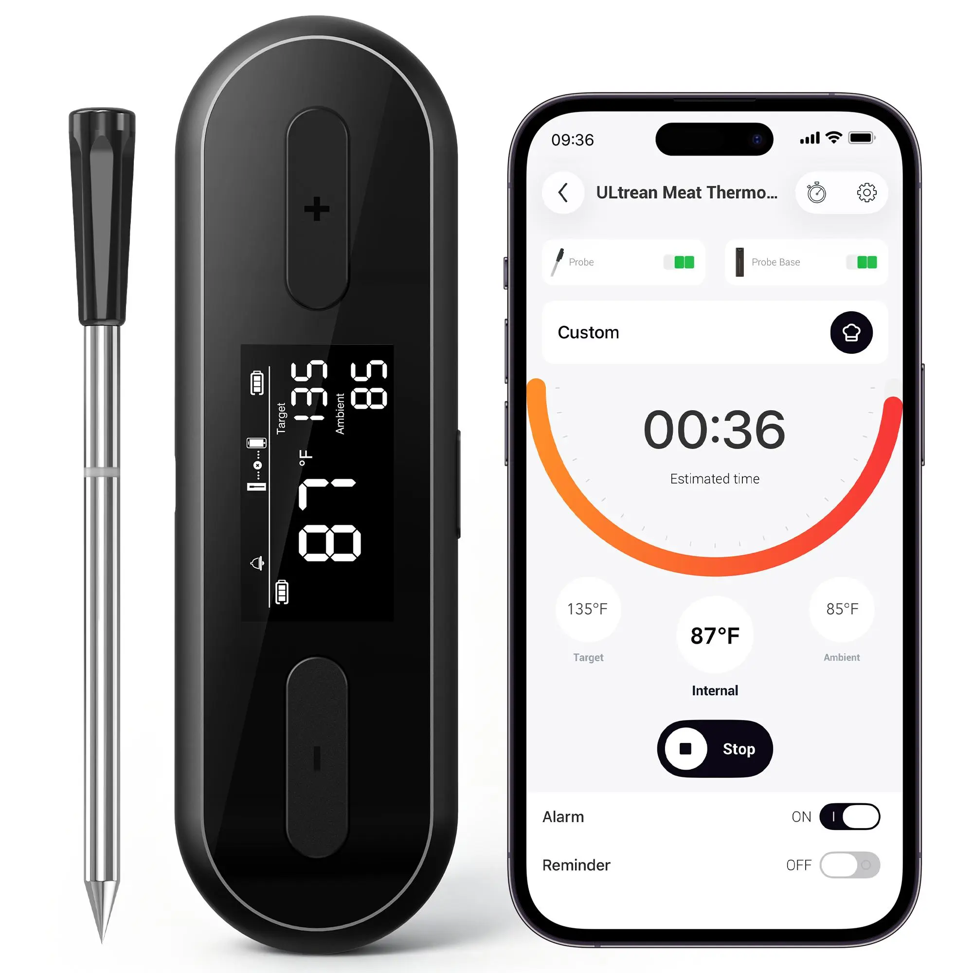 Ultrean Customized Portable Digital Stainless Steel Meat Thermometer - Bluetooth, Ultra-Fast Instant Read, Backlit Display, Foldable Probe, Waterproof, Rechargeable, Target Temp for Oven, BBQ Grill Cooking