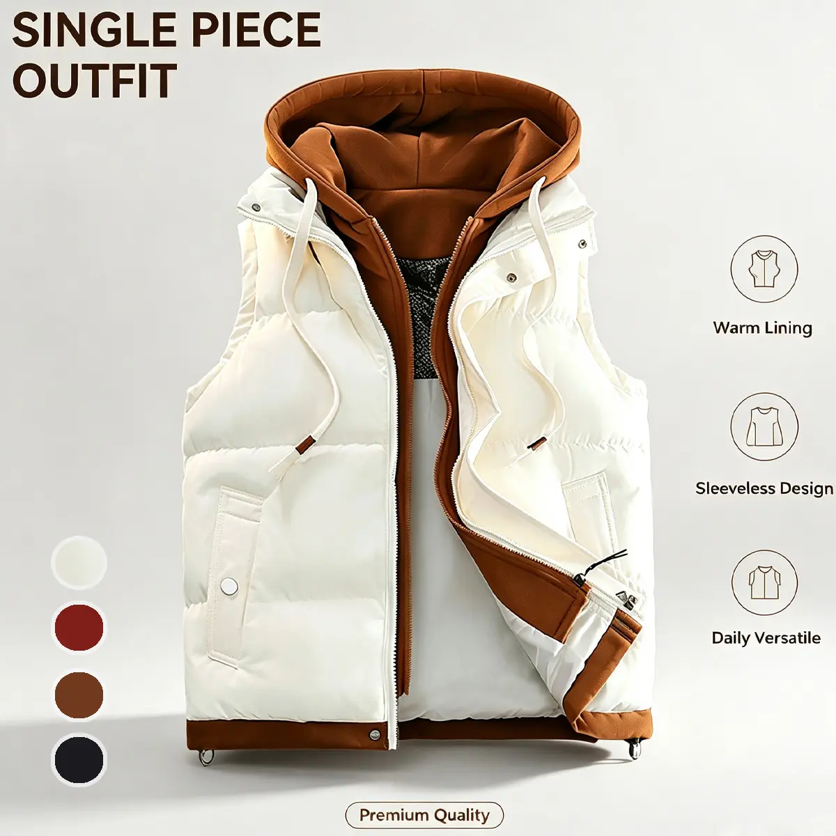 Men's Polyester Casual Hooded Waistcoat, Autumn-Winter, Color-Block Patchwork, Loose Fit, Sleeveless, Crew Neck, Zipper, Medium Length, Warm Menswear Top