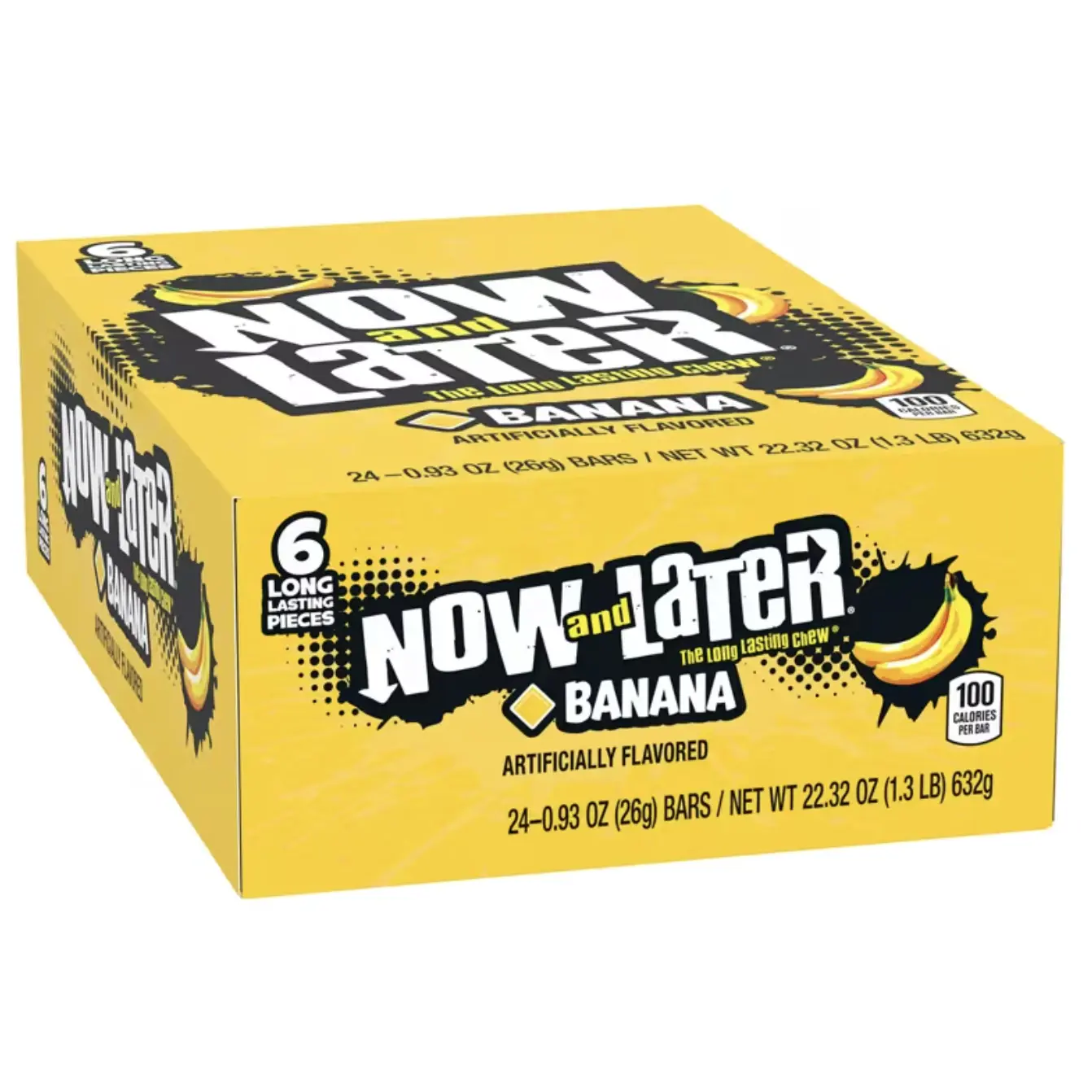 Now and Later Banana Long Lasting Chew 6 Pieces 24 Bars 22.32 oz Artificially Flavored Energy Candy