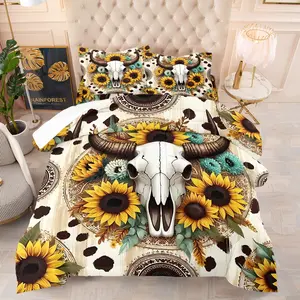 Boho Cow Skull Sunflower Print Comforter Set, Includes 1 Quilt and 1 or 2 Pillowcases Without Inner, Soft and Comfortable Western Bedroom Decor, Decorative Bedding Set