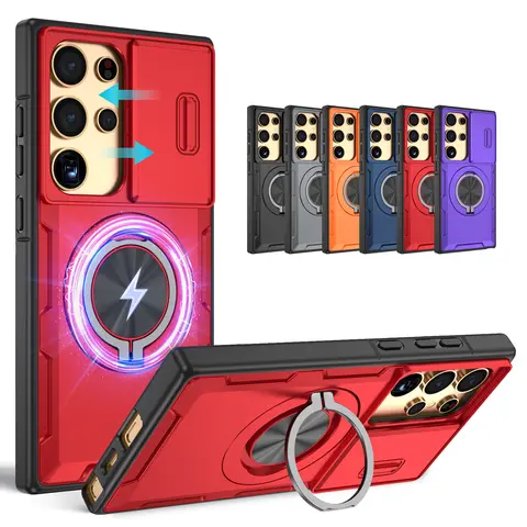 Magnetic Heavy Duty Protective Case for Samsung Galaxy S26-S25-S24 Ultra Series, with Slide Camera Cover, 360° Rotatable Ring Kickstand, MagSafe Compatible, Dustproof Shockproof Phone Accessories for Protection, Galaxy Series