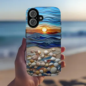 Stained Glass Art Summer Beach Sunset Phone Case, 3D Seashell Ocean Magsafe for iPhone 16 15 14 13 Pro Max