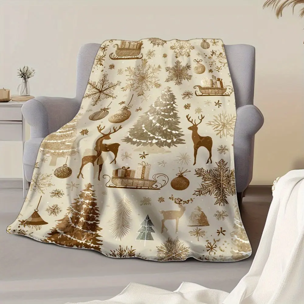 Vintage Winter Wonderland Plush Texture Flannel Throw Blanket - 1pc Multi-Size, Beige & Brown Snowflakes Deer Christmas Trees Design, Ultra-Soft All-Season Couch Bedspread, Cozy Movie Nights Holiday Decor, Luxury Home Gift