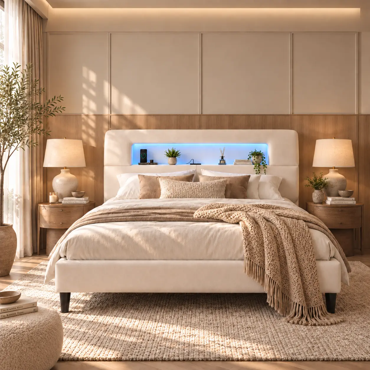 【Stock UP】Sturdy Construction King/Queen Size Bed Frame with 105° Ergonomic Storage Headboard, Upholstered Bed Frame with LED Lights & Charging Station, Unique Open-Design, NO Noise, Easy Assembly, No Box Spring Needed,Beige